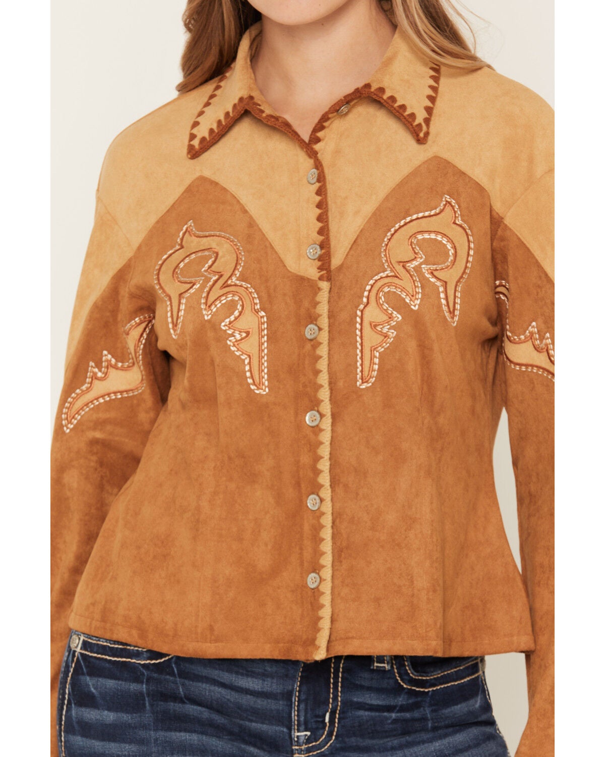 Image #3 - Miss Me Women's Faux Suede Long Sleeve Button-Down Western Shirt, Camel, hi-res