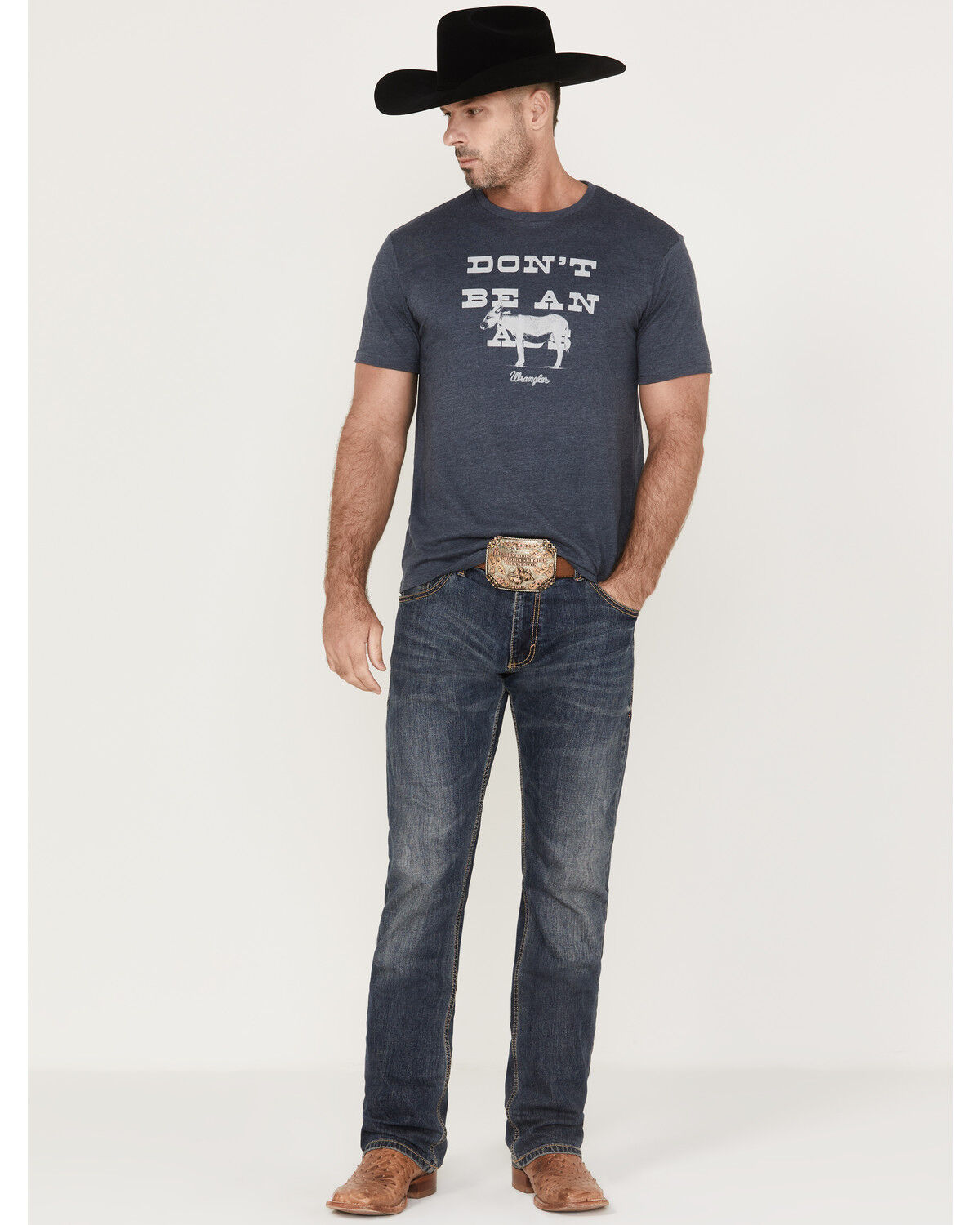Image #2 - Wrangler Men's Heather Navy Don't Be An Graphic Short Sleeve T-Shirt, Navy, hi-res