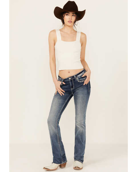 Image #3 - Grace In LA Women's Medium Wash Faux Flap Pocket Mid Rise Bootcut Stretch Denim Jeans , Medium Wash, hi-res