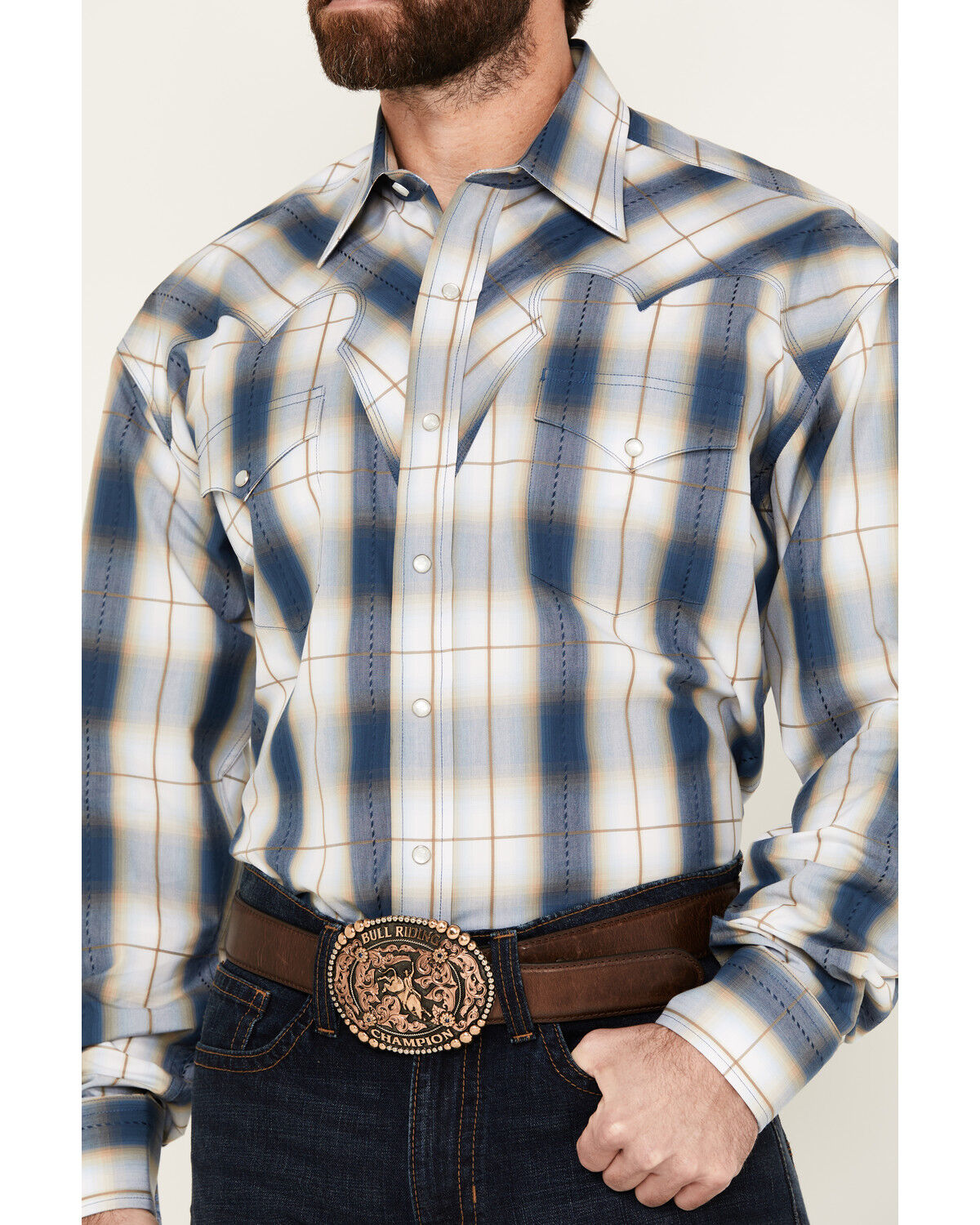 Image #3 - Stetson Men's Plaid Print Long Sleeve Pearl Snap Western Shirt, Blue, hi-res