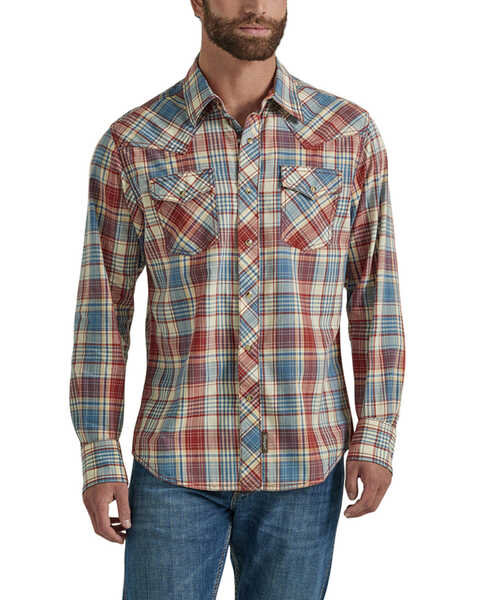 Wrangler Retro Men's Plaid Print Long Sleeve Snap Western Shirt , Red/white/blue, hi-res