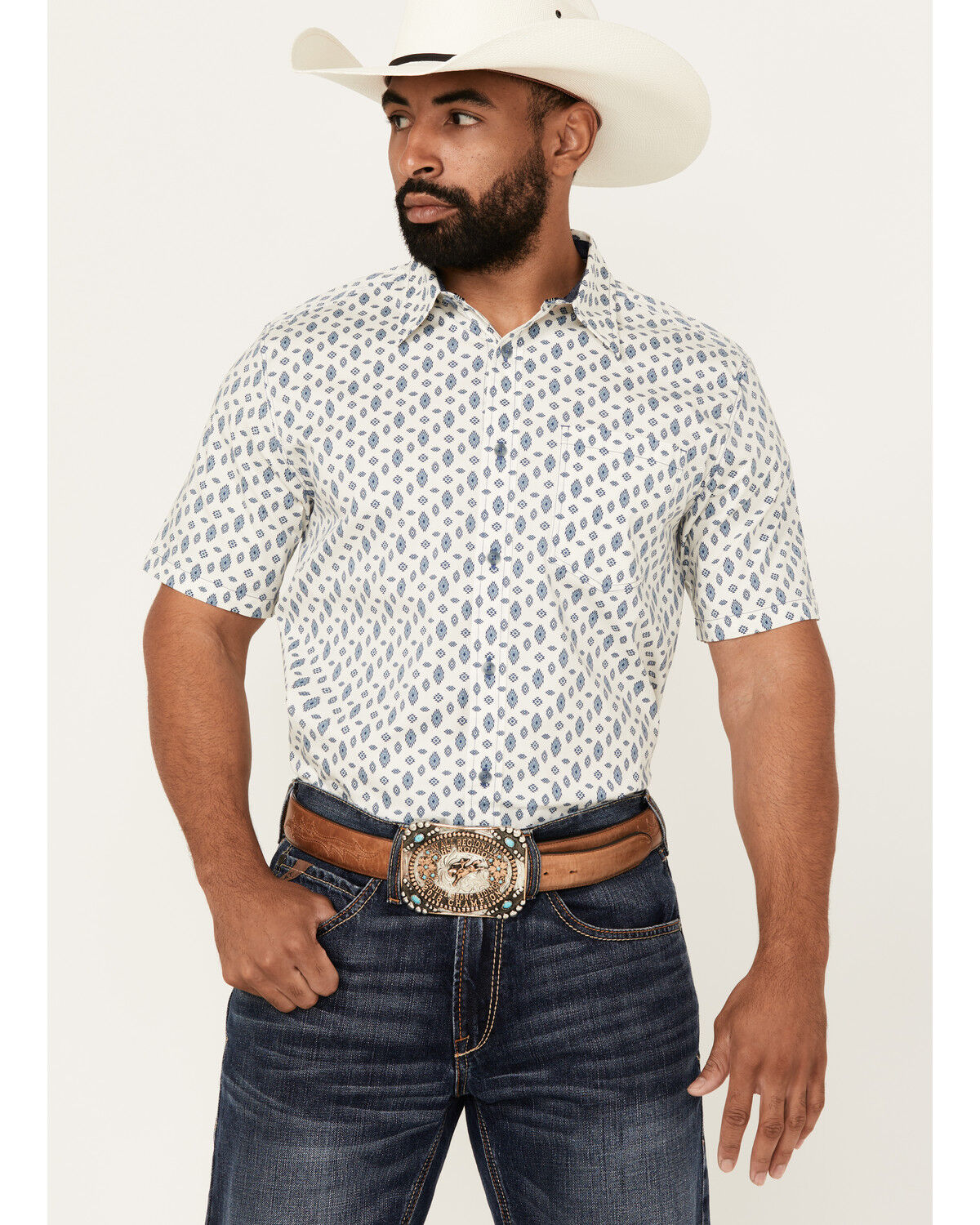 Image #1 - Cody James Men's Tusk Southwestern Geo Print Short Sleeve Button-Down Stretch Western Shirt, Ivory, hi-res