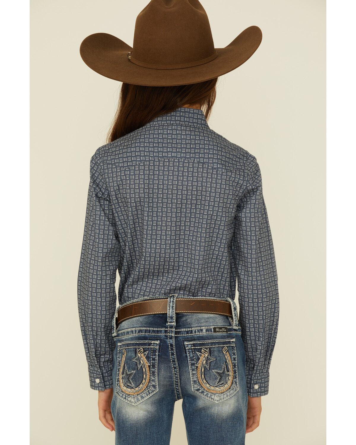 Image #4 - Roper Girls' Checkered Arrow Print Long Sleeve Pearl Snap Western Shirt, Blue, hi-res