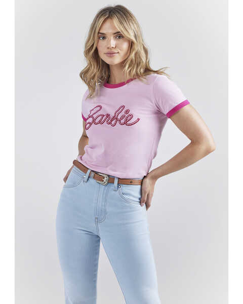 Image #1 - Wrangler® X Barbie™ Women's Logo Slim Ringer Tee, Pink, hi-res
