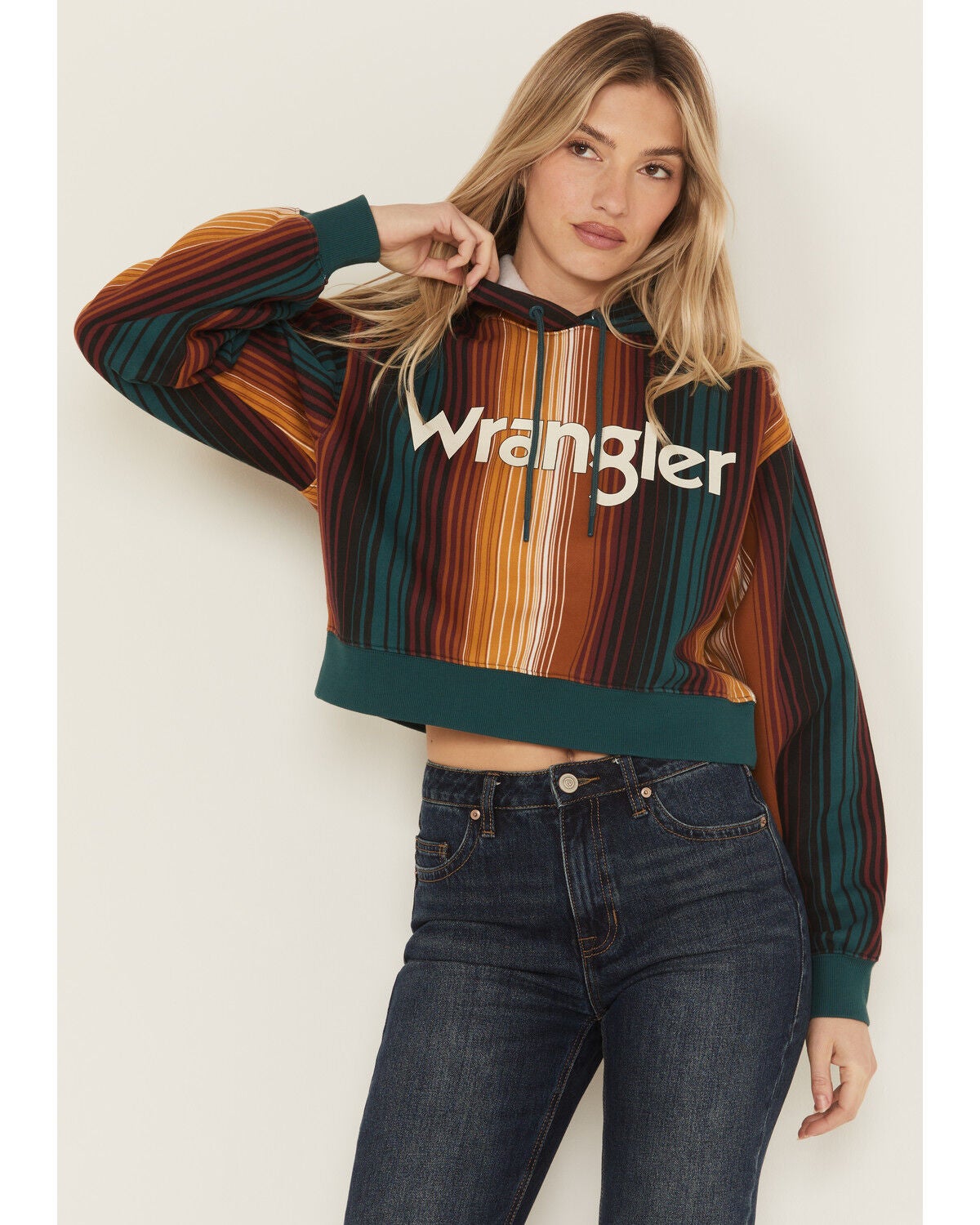 Wrangler Retro Women's Serape Striped Logo Cropped Hoodie, Teal, hi-res
