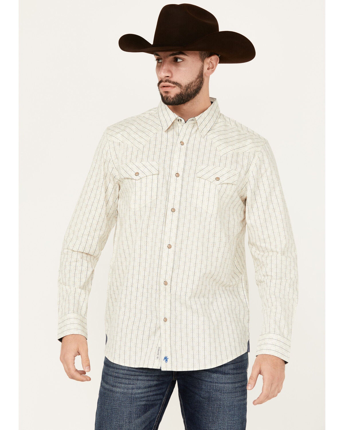 Moonshine Spirit&reg; Men's Uptown Geo Dobby Striped Print Long Sleeve Snap Western Shirt, Cream, hi-res