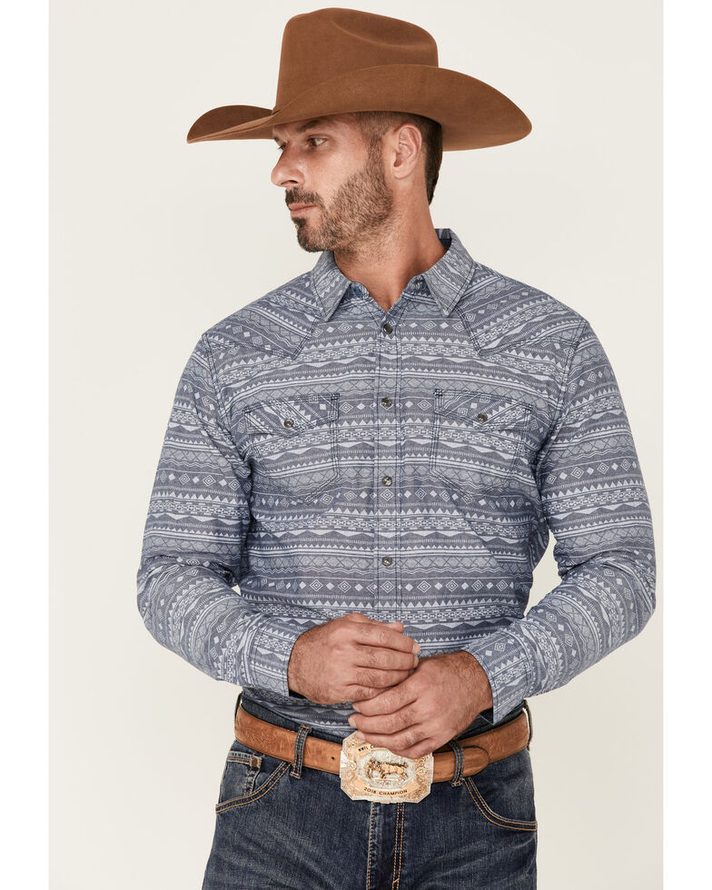 Moonshine Spirit Men's Buffalo Trace Southwestern Print Long Sleeve Snap Western Shirt , Navy, hi-res
