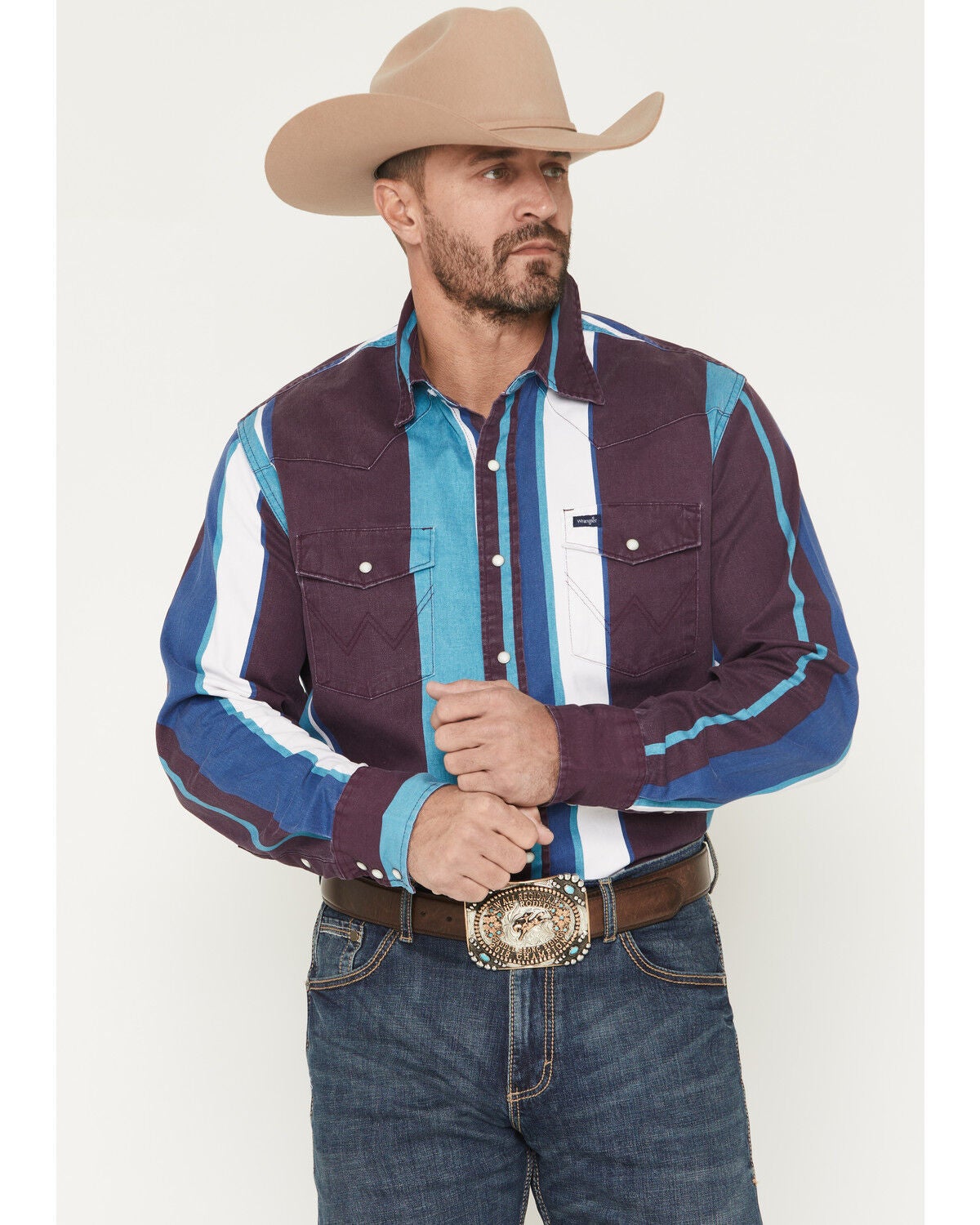 Wrangler Men's Brushpopper Denim Striped Long Sleeve Snap Western Shirt, Multi, hi-res