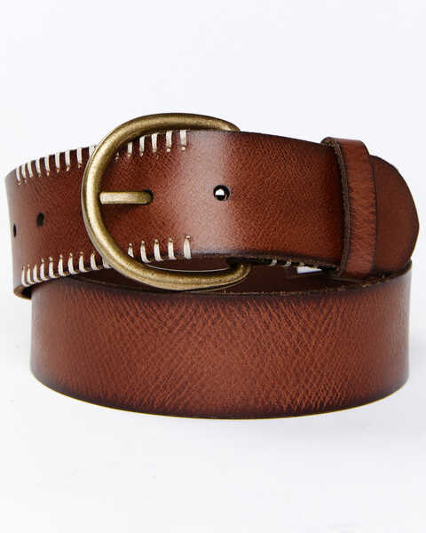 Image #1 - Cleo + Wolf Women's Brown with White Stitching Detail Leather Belt, Brown, hi-res