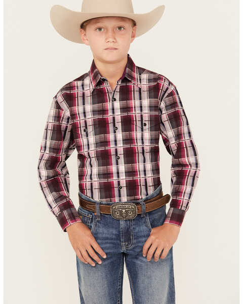 Image #1 - Panhandle Boys' Plaid Print Long Sleeve Snap Western Shirt, Maroon, hi-res