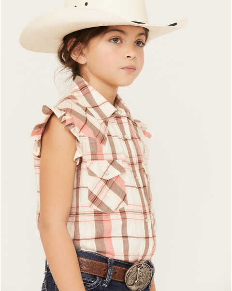 Image #2 - Shyanne Girls' Plaid Print Ruffle Sleeve Western Pearl Snap Shirt, Cream, hi-res