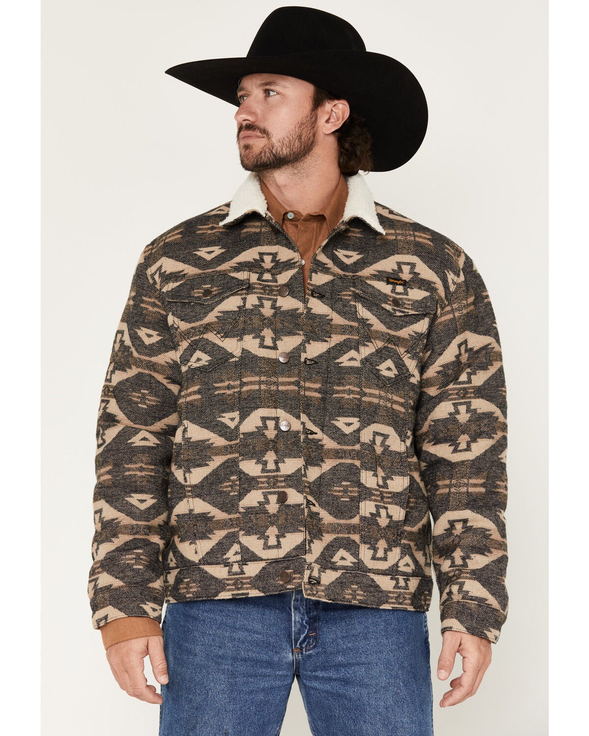 Image #1 - Wrangler Men's Southwestern Sherpa Lined Button-Down Jacket, Charcoal, hi-res