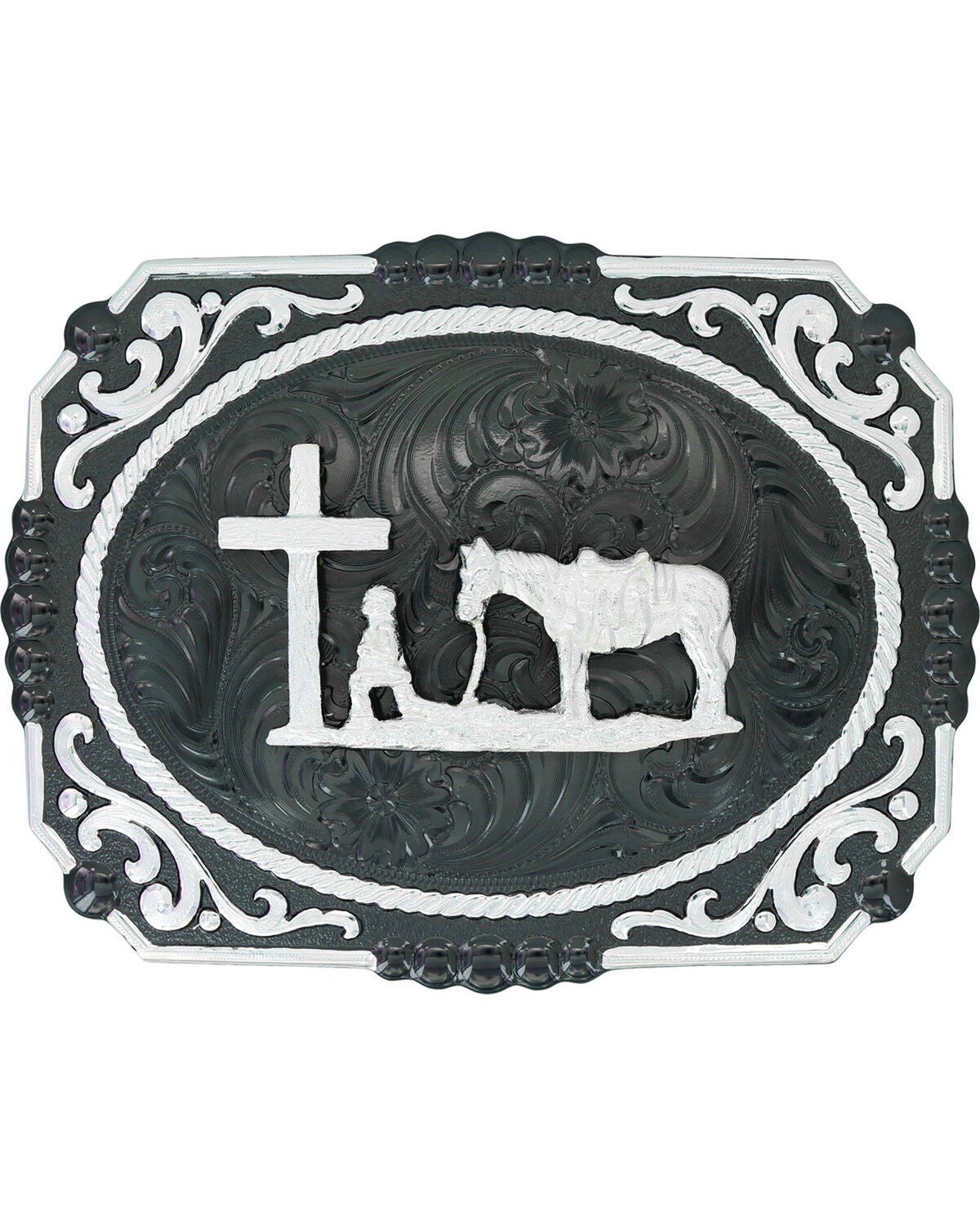 Montana Silversmiths Men's Gunmetal Christian Cowboy Buckle, Silver, hi-res
