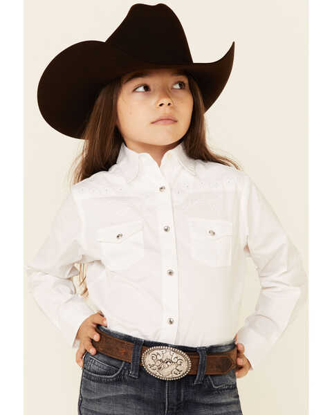 Image #1 - Wrangler Girls' Tonal Yoke Embellished Shirt, White, hi-res