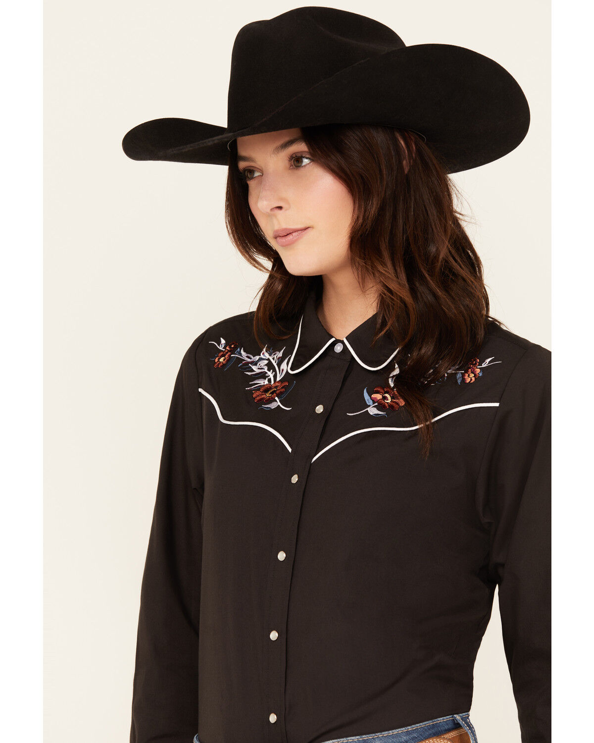 Image #2 - Ely Walker Women's Floral Embroidered Long Sleeve Snap Western Shirt, Black, hi-res