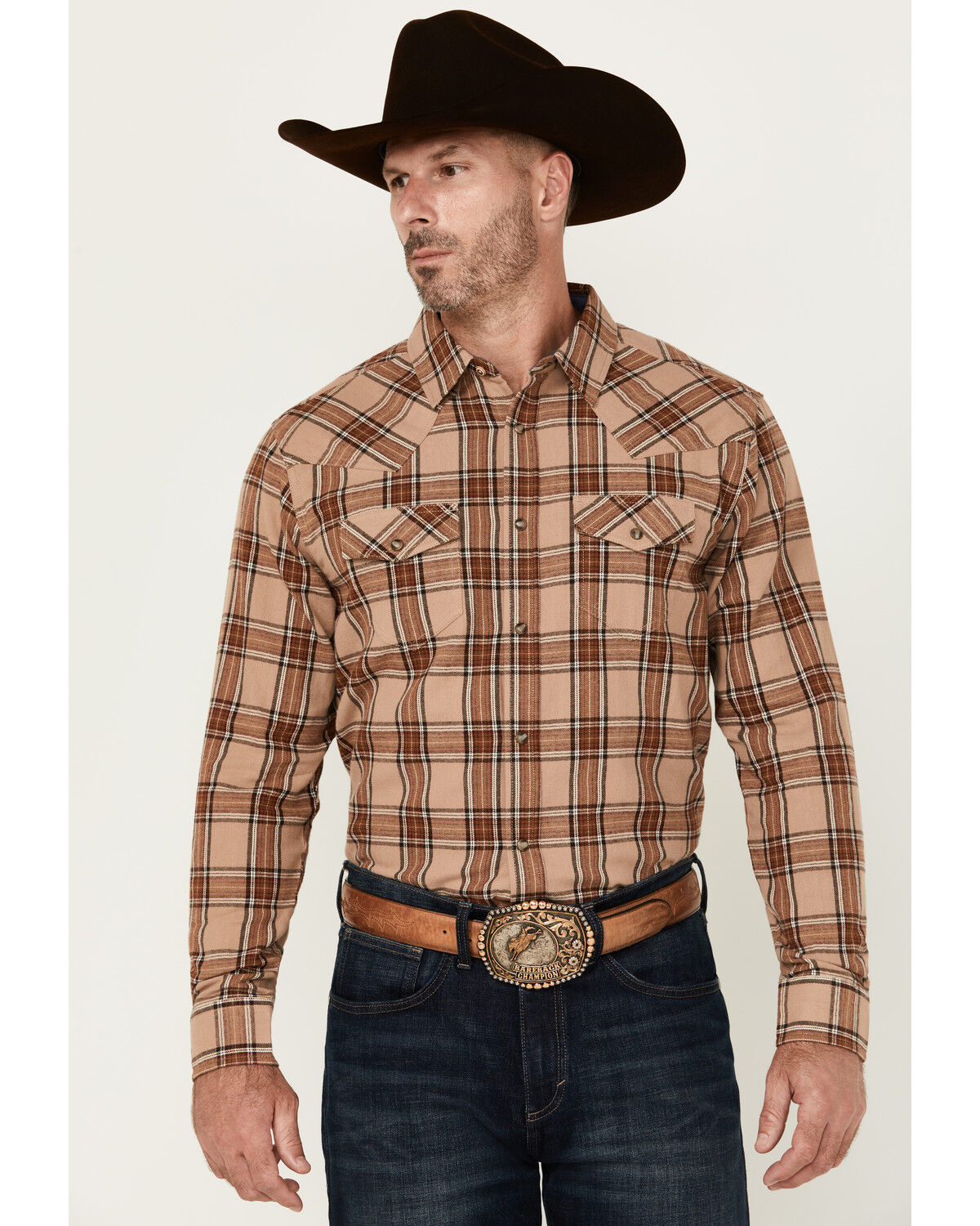Image #1 - Cody James Men's Frontier Plaid Print Long Sleeve Snap Western Shirt, Tan, hi-res