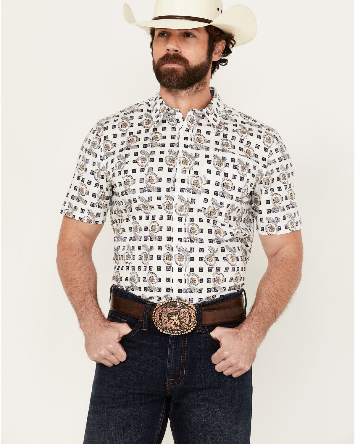Image #1 - Cody James Men's Geo Paisley Print Short Sleeve Button-Down Stretch Western Shirt - Tall, , hi-res