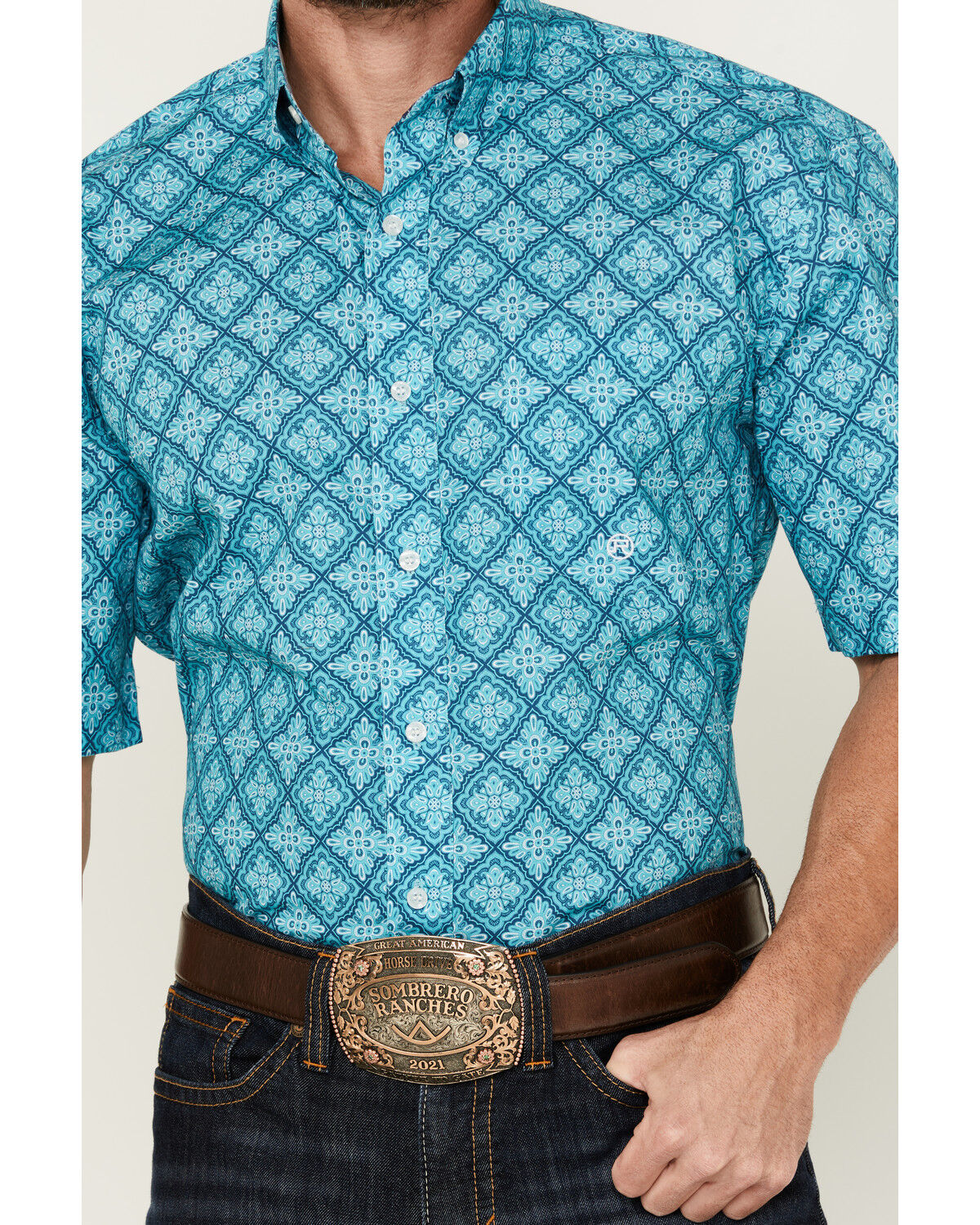 Image #3 - Roper Men's Amarillo Medallion Print Short Sleeve Button-Down Western Shirt, Turquoise, hi-res
