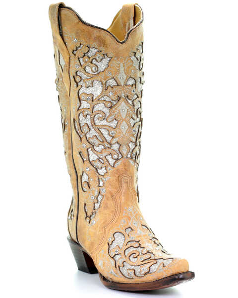 Image #1 - Corral Women's Glitter Floral Inlay Western Boots - Snip Toe, Beige/khaki, hi-res