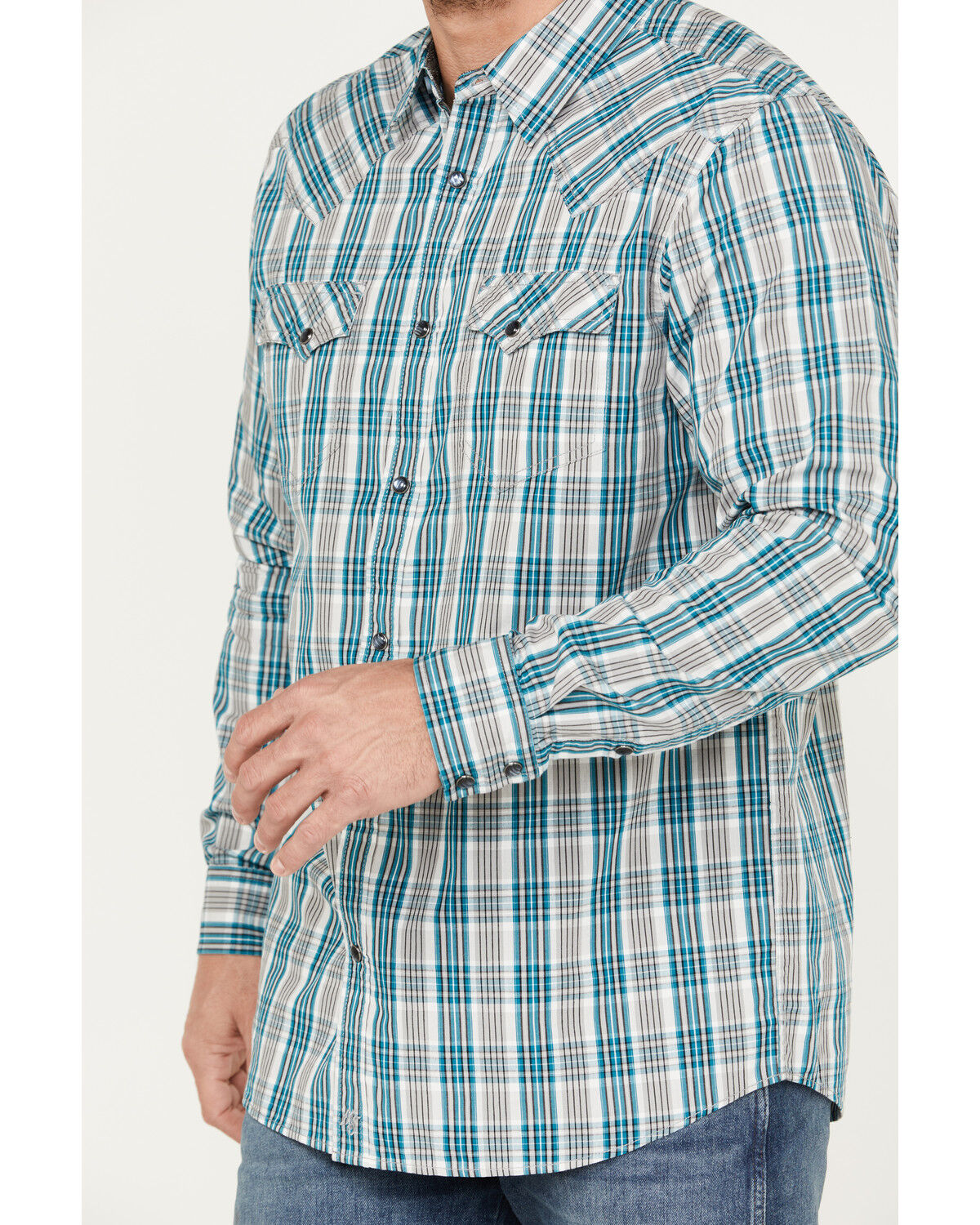 Image #3 - Moonshine Spirit Men's Agave Plaid Print Long Sleeve Western Snap Shirt, Grey, hi-res