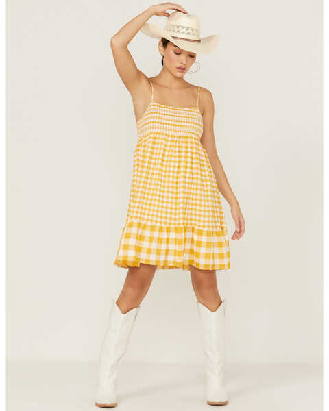 Image #1 - Mittoshop Women's Gingham Smocked Front Dress, Mustard, hi-res