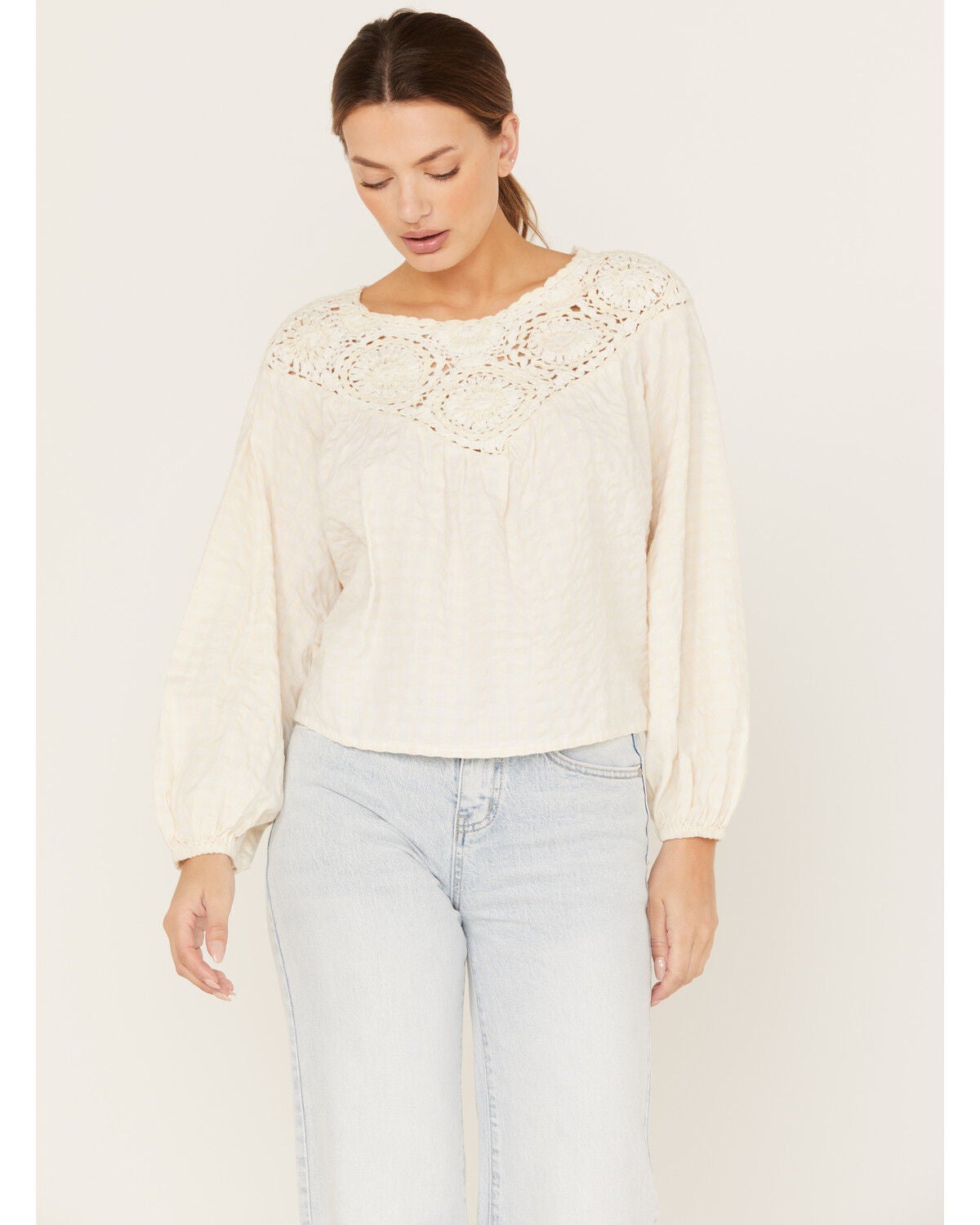 Cleo + Wolf Women's Crochet Long Sleeve Blouse, Cream, hi-res