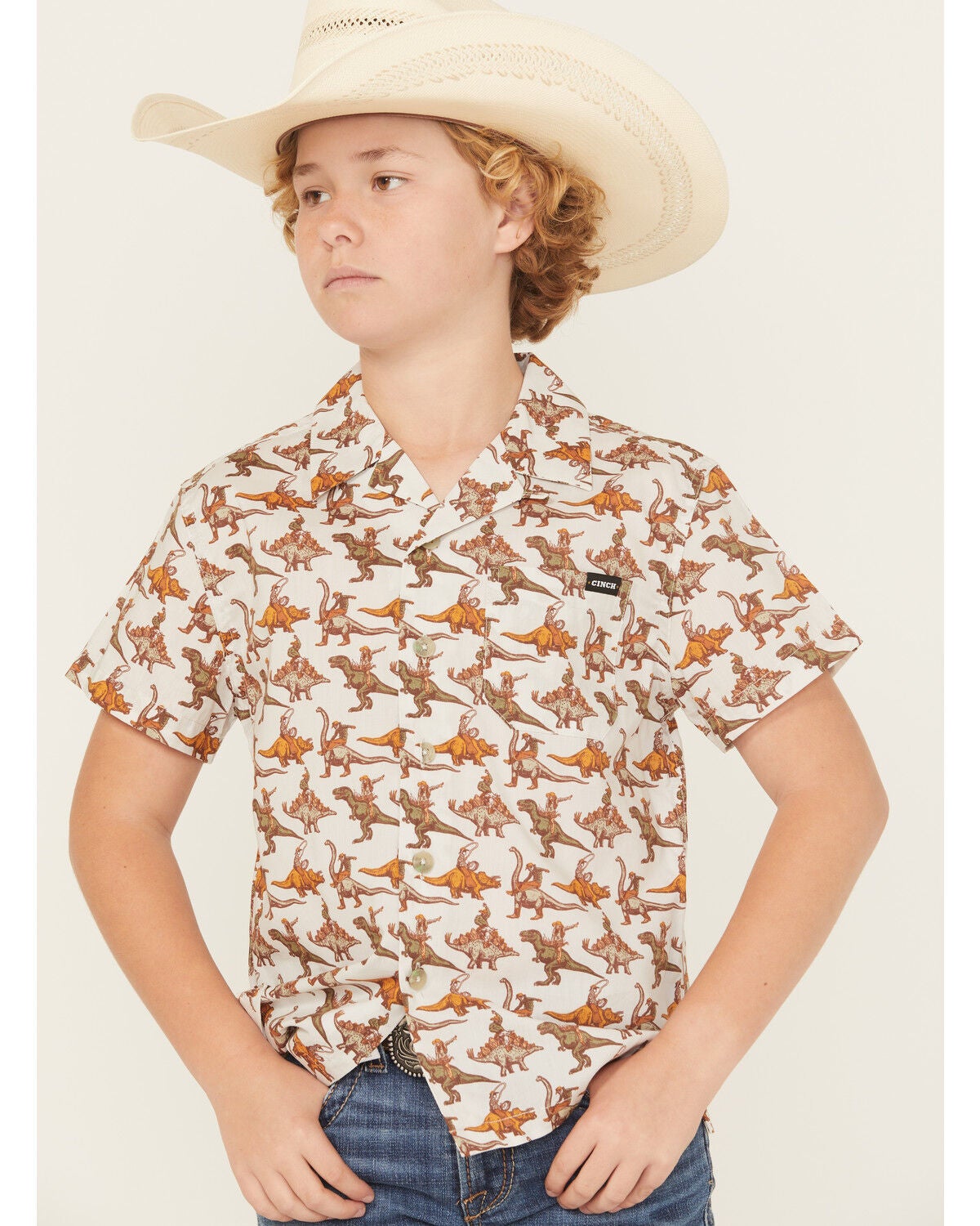 Cinch Boys' Camp Short Sleeve Button-Down Western Shirt, Cream, hi-res