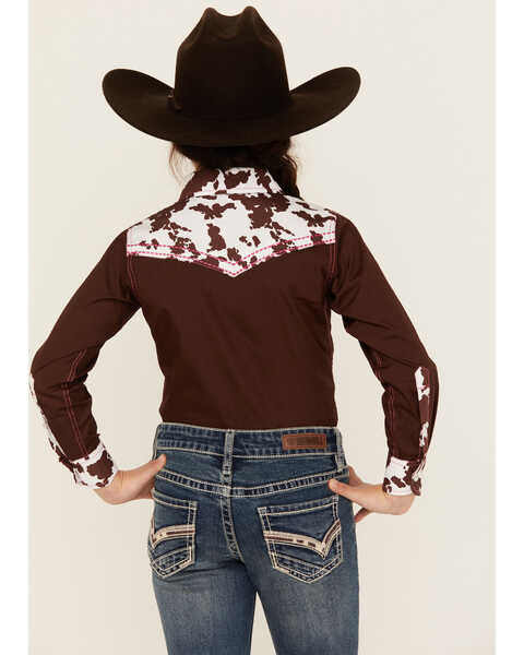 Image #4 - Cowgirl Hardware Girls' Cow Print Yoke Long Sleeve Snap Western Shirt , Brown, hi-res