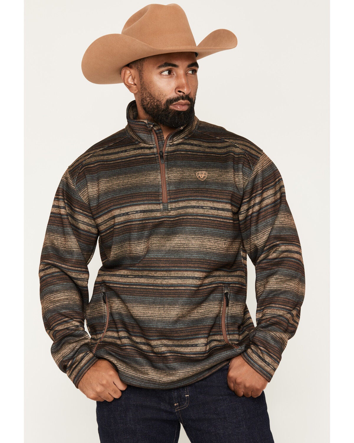 Image #1 - Ariat Men's Caldwell Striped 1/4 Zip Pullover, Brown, hi-res