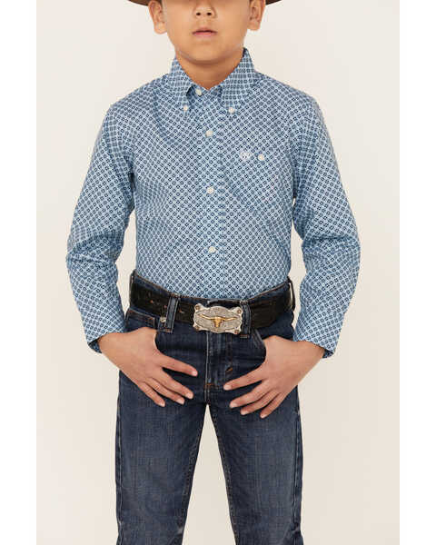 Image #3 - Wrangler Boys' Geo Print Long Sleeve Button-Down Western Shirt , Blue, hi-res