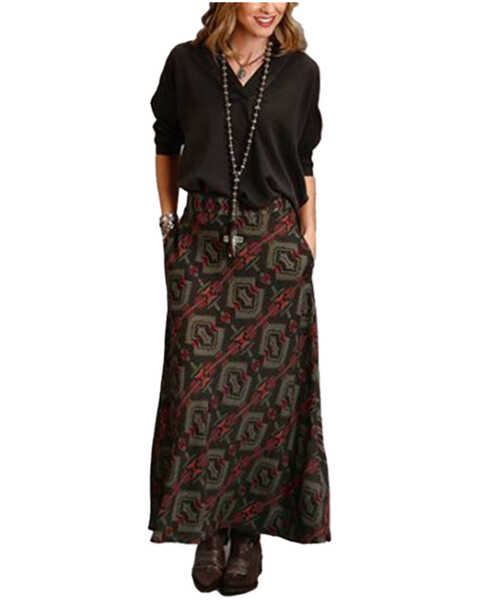 Image #2 - Stetson Women's Rayon Challis Blanket Print Long Cut Skirt , Brown, hi-res