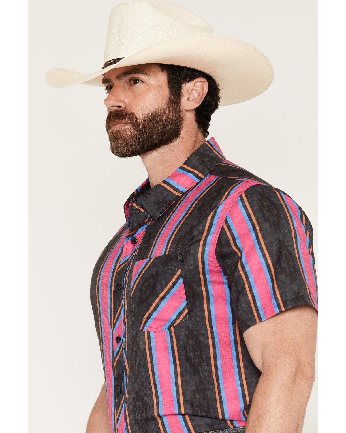 Image #2 - Rock & Roll Denim Men's TEK Southwestern Striped Short Sleeve Button-Down Stretch Western Shirt, Hot Pink, hi-res