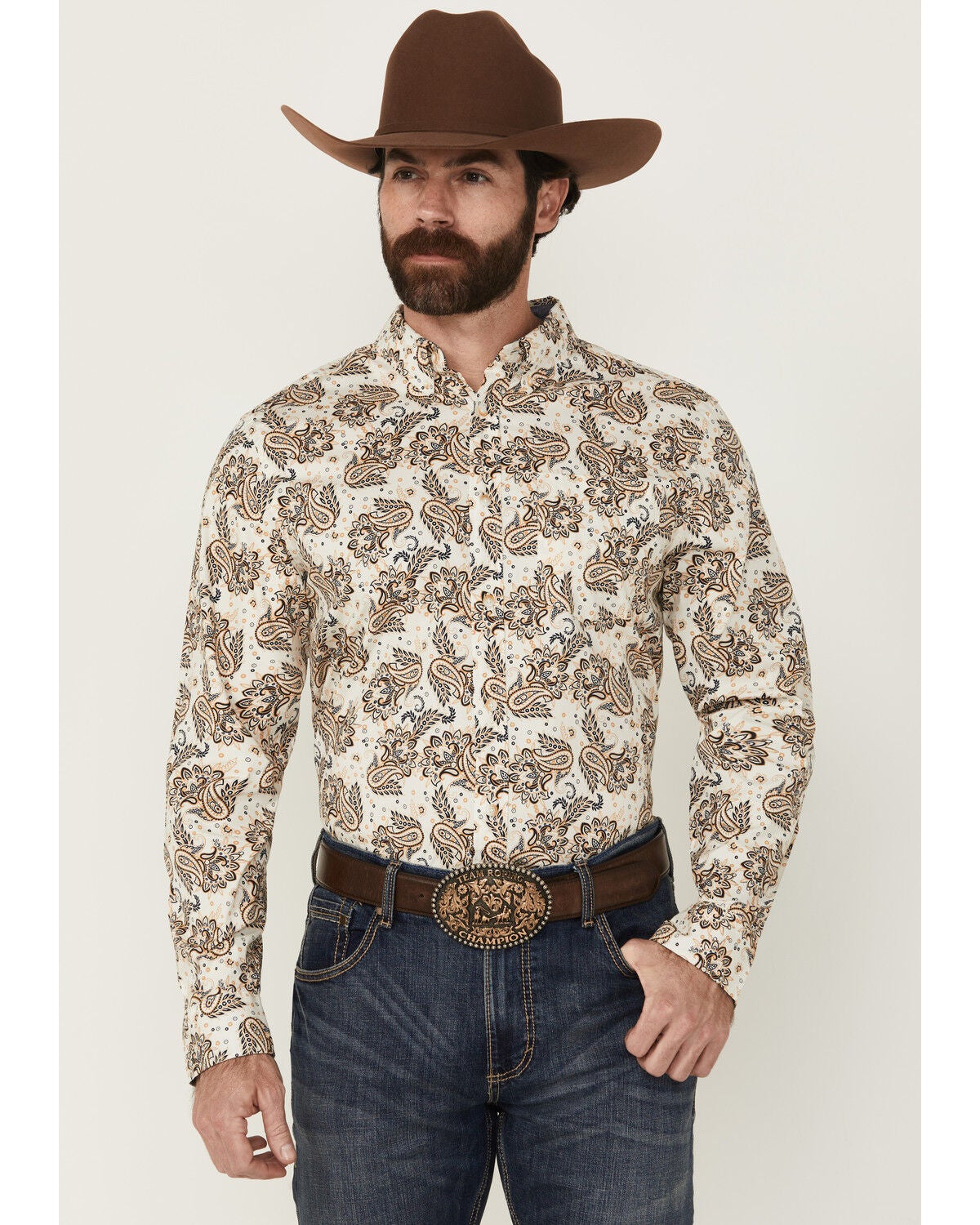 Cody James Men's Kendall Paisley Print Long Sleeve Button-Down Stretch Western Shirt, Tan, hi-res
