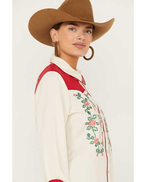Image #2 - Scully Women's Floral Embroidered Long Sleeve Western Pearl Snap Shirt, Ivory, hi-res