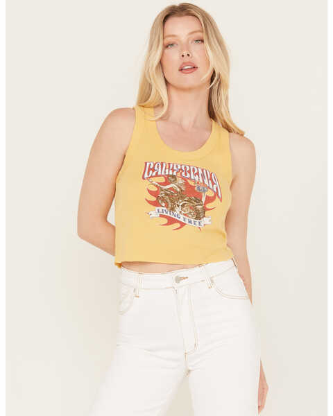 Image #1 - Youth in Revolt Women's California Motorcycle Cropped Tank, Yellow, hi-res