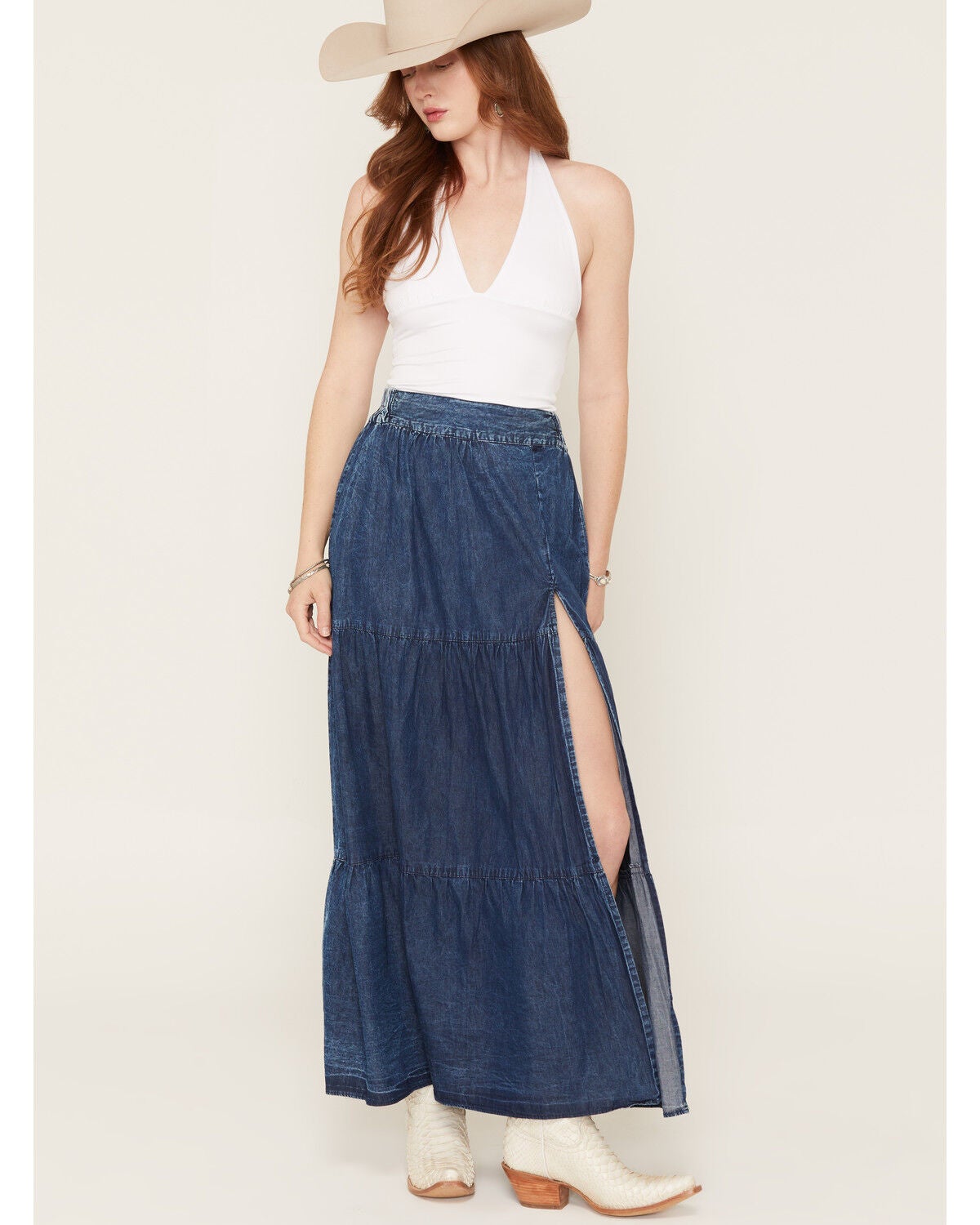 Angie Women's Acid Washed Split Maxi Skirt, Dark Wash, hi-res