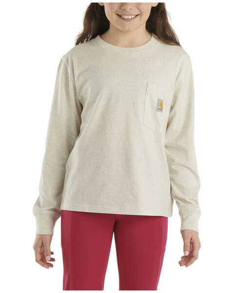 Image #1 - Carhartt Girls' Long Sleeve Logo Pocket Tee, Oatmeal, hi-res
