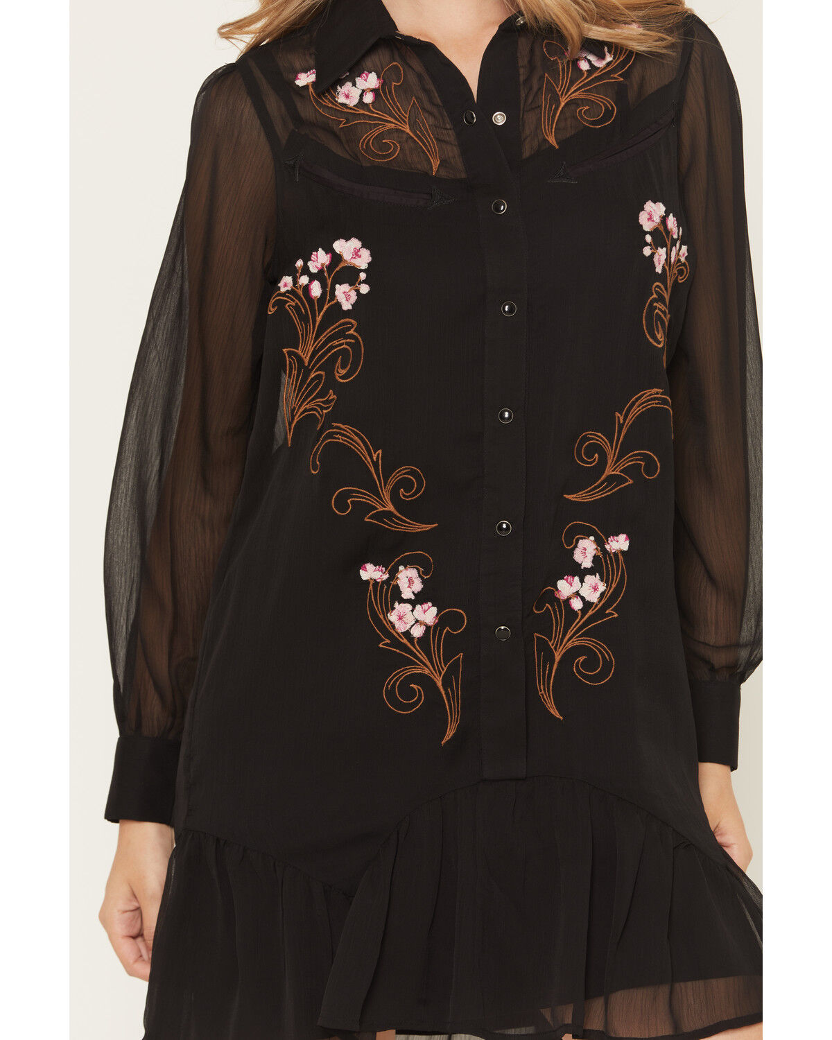 Image #3 - Sendero Provisions Women's Piper Floral Embroidered Sheer Long Sleeve Snap Western Mini Dress, Black, hi-res