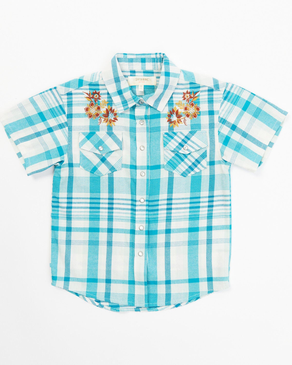 Shyanne Toddler Girls' Embroidered Plaid Print Short Sleeve Western Pearl Snap Shirt, Turquoise, hi-res