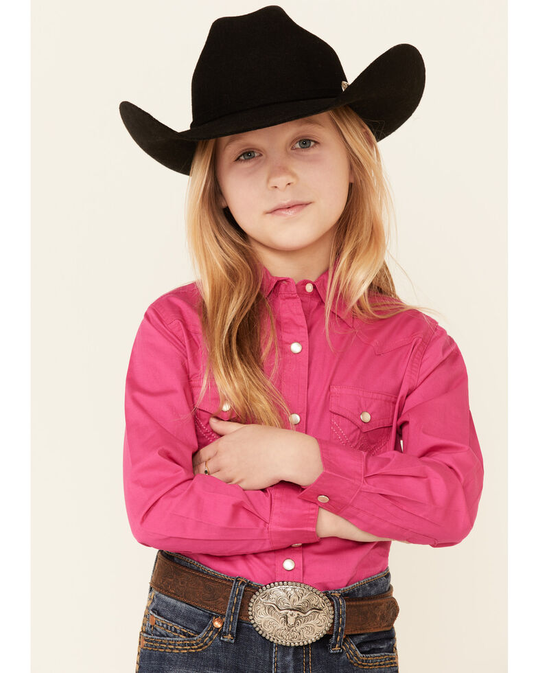 Wrangler Girls' Hot Pink Snap Long Sleeve Western Shirt , Pink, hi-res