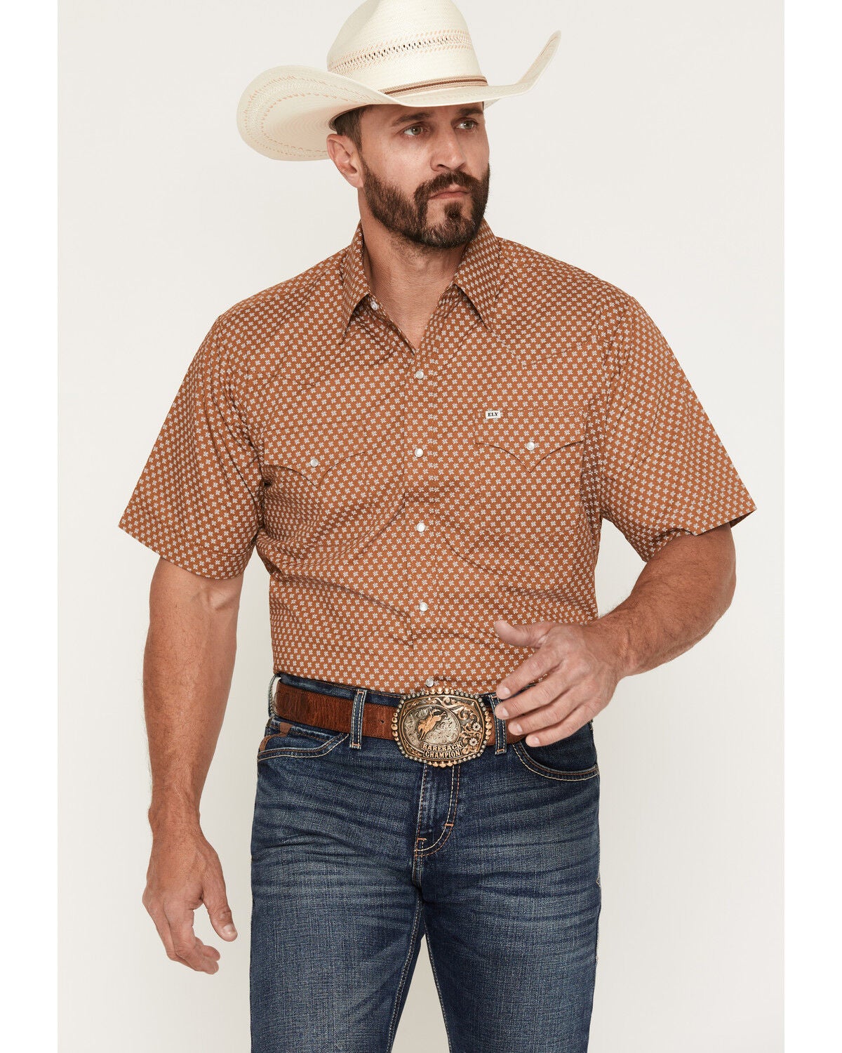 Image #1 - Ely Walker Men's Geo Print Short Sleeve Pearl Snap Western Shirt - Tall, Tan, hi-res