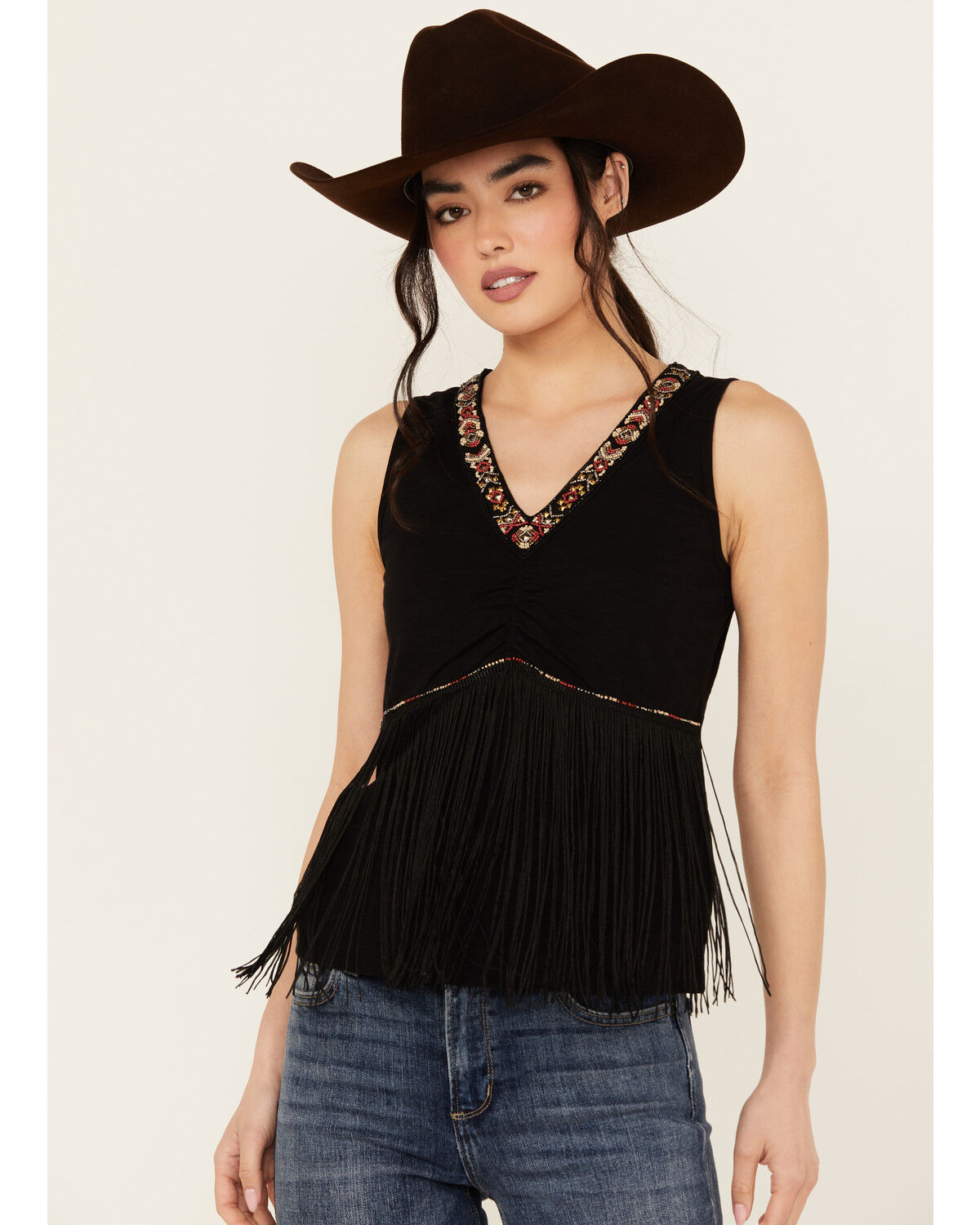 Image #1 - Shyanne Women's Fringe Beaded Tank, Black, hi-res