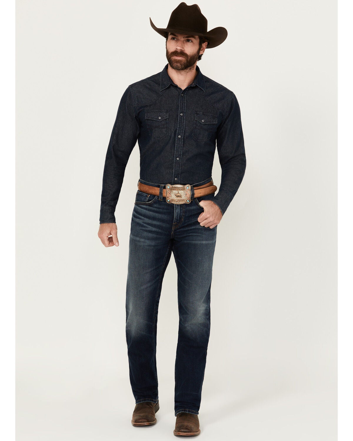 Blue Ranchwear Men's Bandera Wash Bronson Slim Straight Stretch Denim Jeans, Dark Wash, hi-res