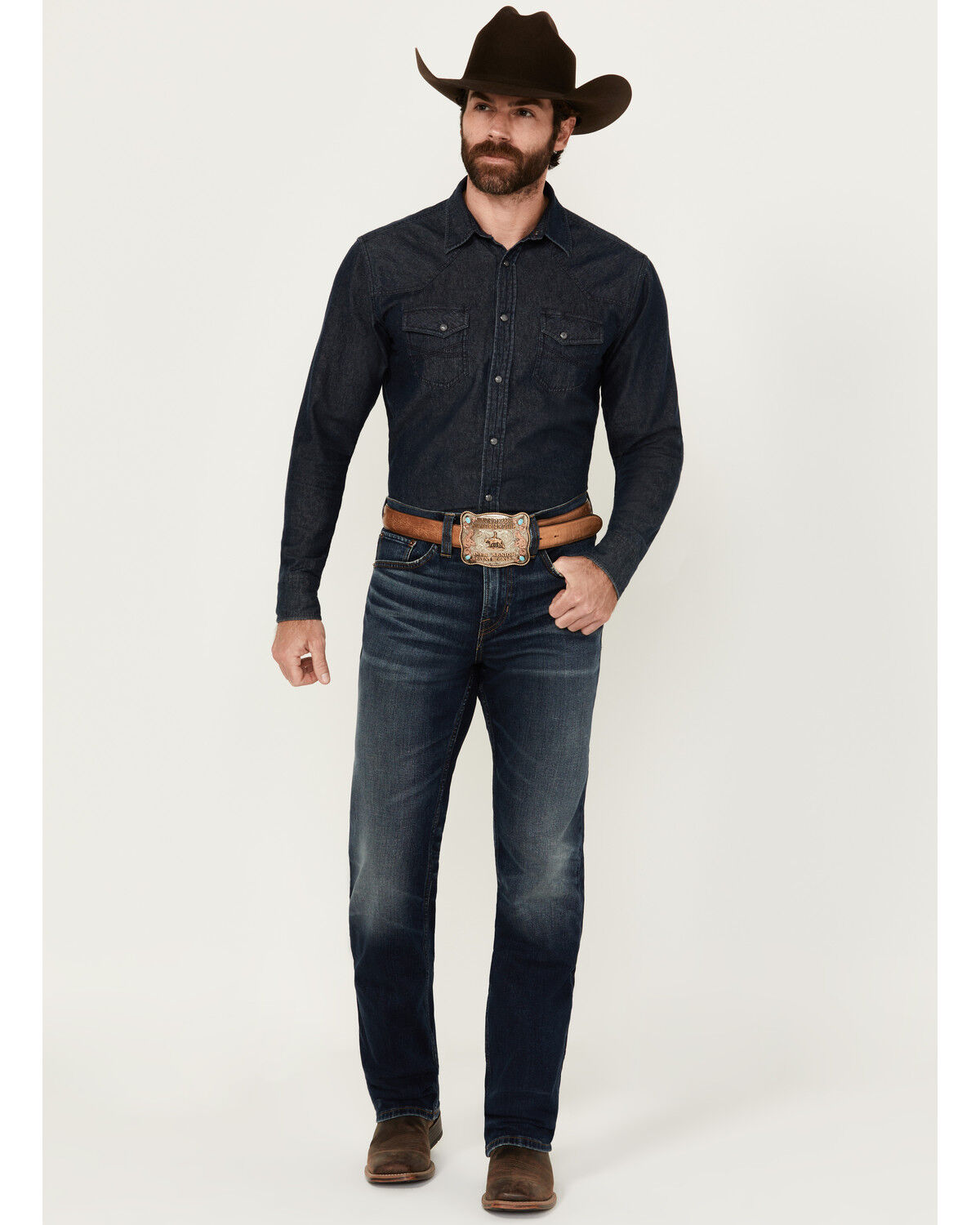 Image #1 - Blue Ranchwear Men's Bronson Slim Straight Stretch Denim Jeans, Dark Wash, hi-res