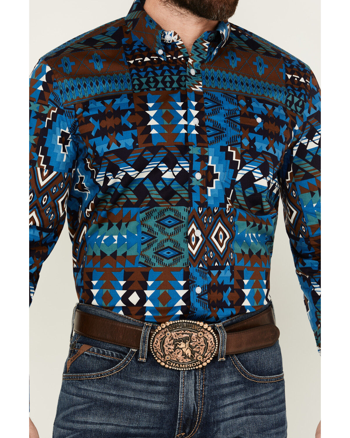 Image #3 - RANK 45® Men's Zavallo Southwestern Patchwork Long Sleeve Button-Down Stretch Western Shirt, Teal, hi-res