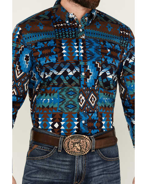 Image #3 - RANK 45® Men's Zavallo Southwestern Patchwork Long Sleeve Button-Down Stretch Western Shirt , Teal, hi-res