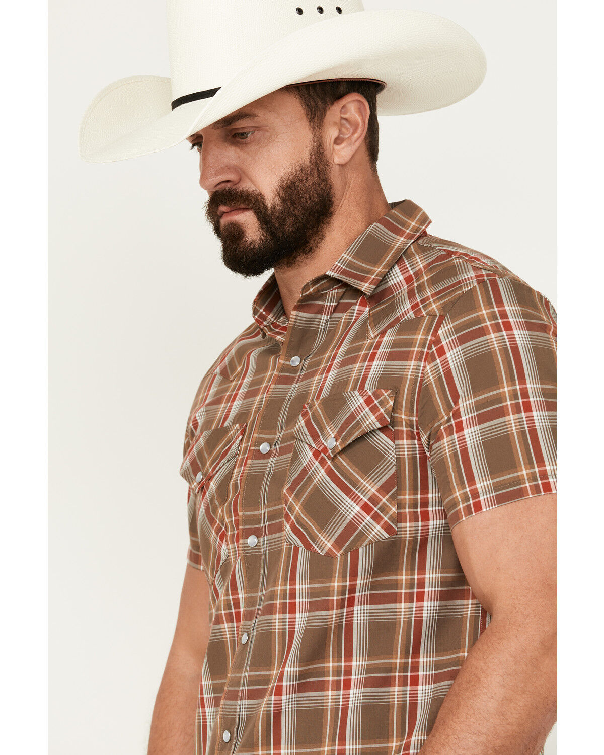 Image #2 - Pendleton Men's Frontier Plaid Print Short Sleeve Pearl Snap Western Shirt, Brown, hi-res