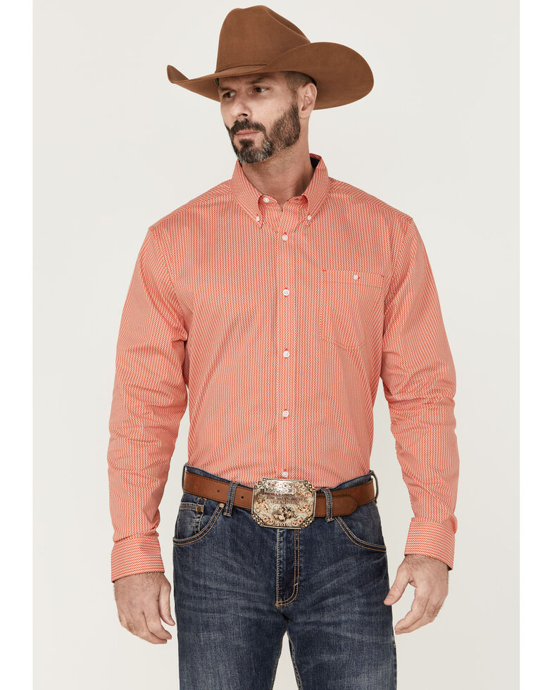 Rank 45 Men's Red Calgary Geo Print Long Sleeve Button-Down Western Shirt , Red, hi-res
