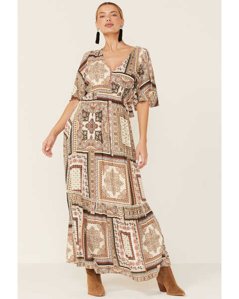 Lovestitch Women's Flutter Sleeve Surplice Tiered Maxi Dress, Ivory, hi-res