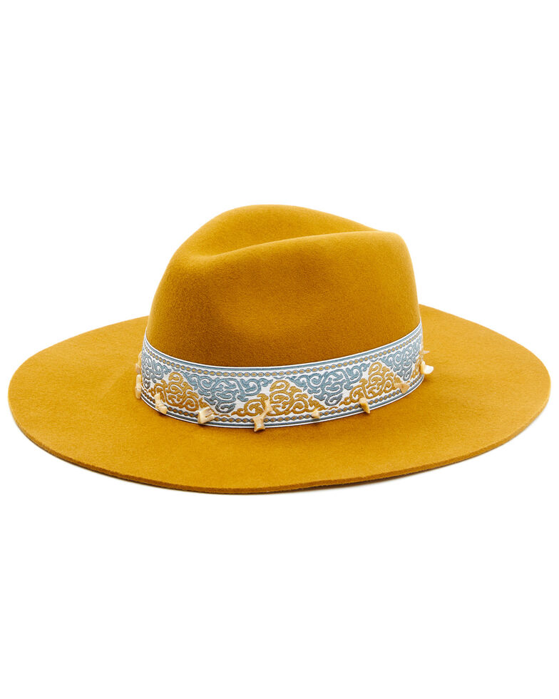 Shyanne Women's Mustard Spaced Stone Jacquard Wool Felt Western Fedora Hat , Mustard, hi-res